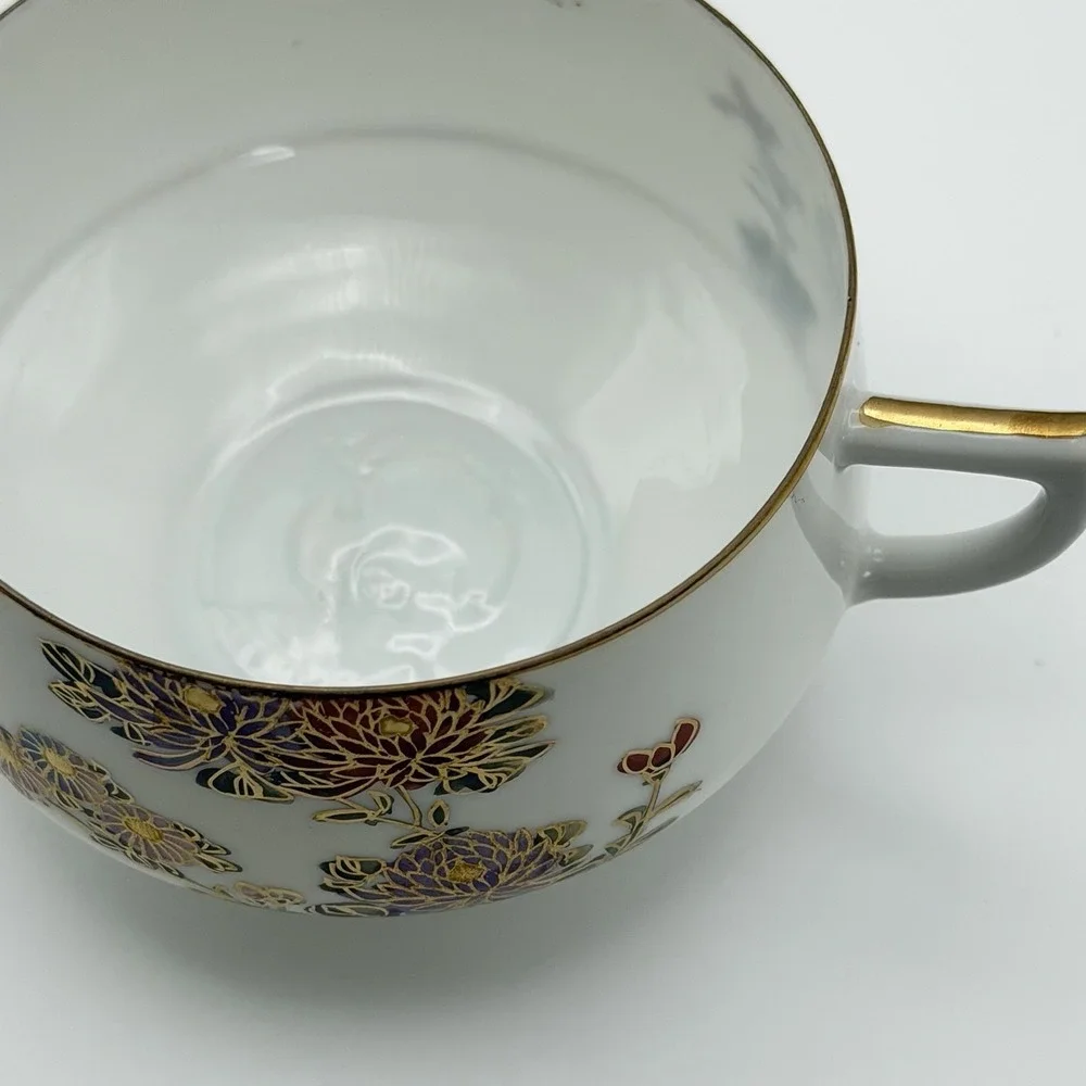 Vintage Kutani Style Kyoto Japan Tea Set 4 Cups Snack Trays Eggshell Gold Floral